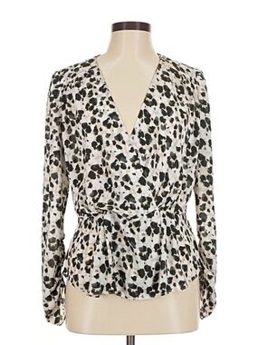 Cabi Leopard Floral Tastemaker Rosette Black & White Animal Print Wrap Top Med